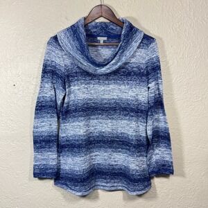 T by Talbots Sweater S Pullover Funnel Neck Marled Blue Knit Cozy Travel Stretch